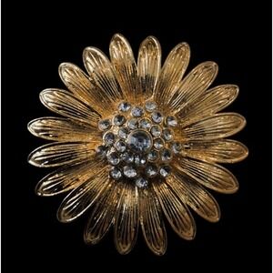 VintageGold Daisy Brooch Rhinestone Center Monet Style Floral Pin With Box